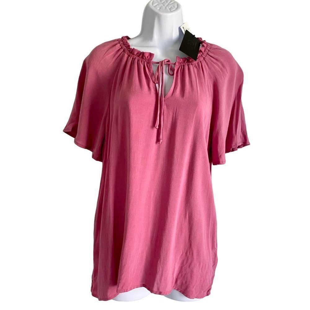 Gibsonlook Pink Mauve Short Sleeve Tie Neck Top Size Small NEW